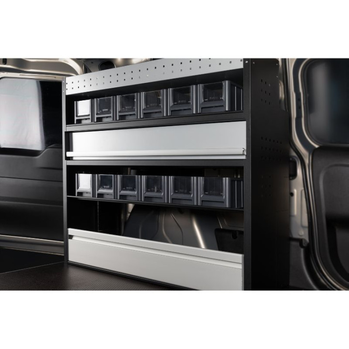 Aménagement PROVAN avec tiroir, étagères et bacs (gauche ou droite) pour Peugeot Partner 2018+ - vue de côté fourgon