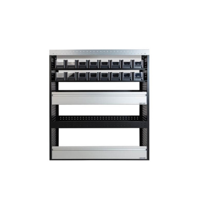 Aménagement PROVAN avec étagères et bacs  (gauche ou droite) pour Peugeot Boxer 2006+ - vue de face