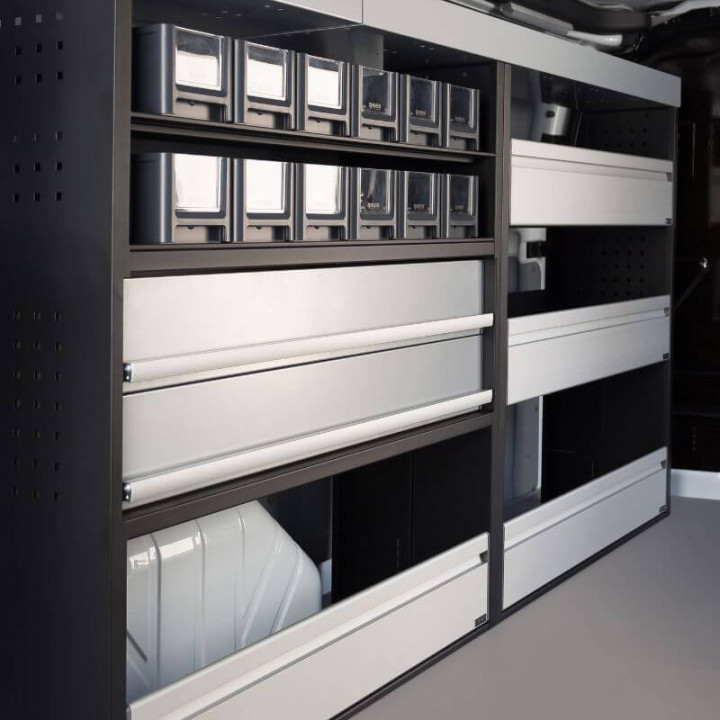 Aménagement PROVAN (gauche) avec tiroirs pour Volkswagen T5 2011-2015 (photo générique) - côté