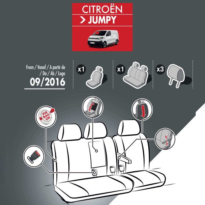 Housses de siège en tissu pour Citroen Jumpy 2016+ - avec accoudoirs et tablette
